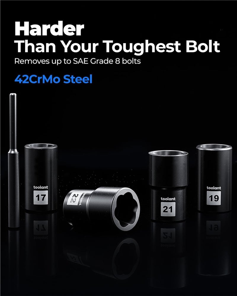 toolant 5pcs Lug Nut Remover, Bolt & Nut Remover Socket Tool Kit, Stripped Bolt Extractor for Damaged Screws and Bolts - Image 3